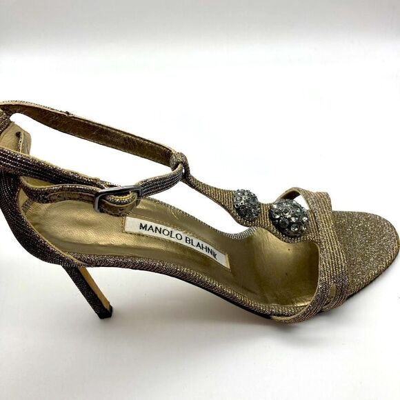 Manolo Blahnik Dixie Metallic T-Strap  Heels Sandals Size 35,5 Made in Italy - Picture 5 of 14